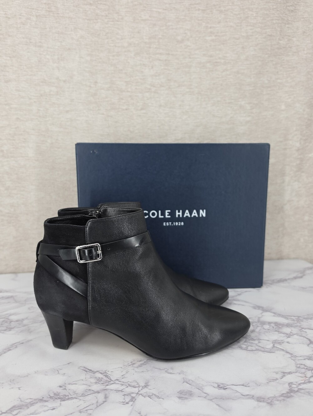 Cole Haan Sylvan Bootie Black Leather and Suede Heeled Ankle Boots Women's 8B